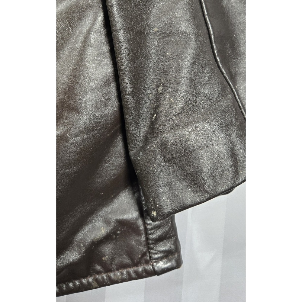 Vintage 70s Montgomery Ward MW Leather Coat 46 Tall Brown Car Coat Faux Fur Line - Picture 12 of 13